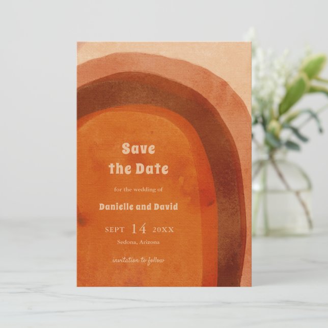 Rustic Burnt Orange Arch Photo Modern Wedding Save The Date (Standing Front)