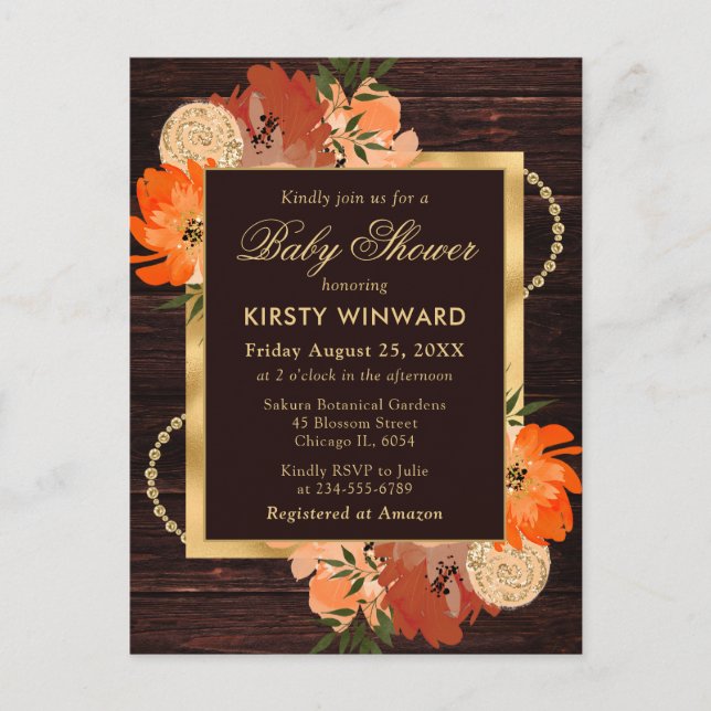 Rustic Burnt Orange Fall Flowers Baby Shower Postcard (Front)