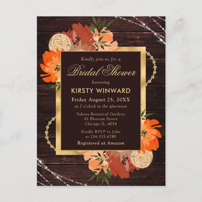 Rustic Burnt Orange Fall Flowers Bridal Shower Postcard (Front)
