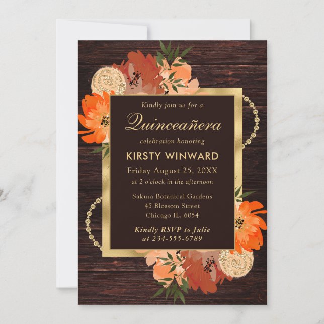 Rustic Burnt Orange Fall Flowers Quinceanera Invitation (Front)