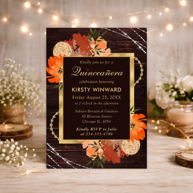 Rustic Burnt Orange Fall Flowers Quinceanera Invitation (Creator Uploaded)