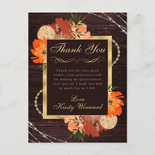Rustic Burnt Orange Fall Flowers Quinceanera Postcard (Front)