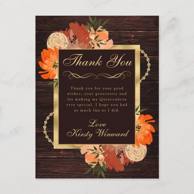 Rustic Burnt Orange Fall Flowers Quinceanera Postcard (Front)