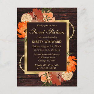 Rustic Burnt Orange Fall Flowers Sweet Sixteen Postcard
