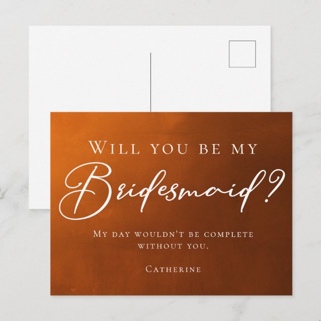 Rustic Burnt Orange Fall Will You Be My Bridesmaid Postcard (Front/Back)