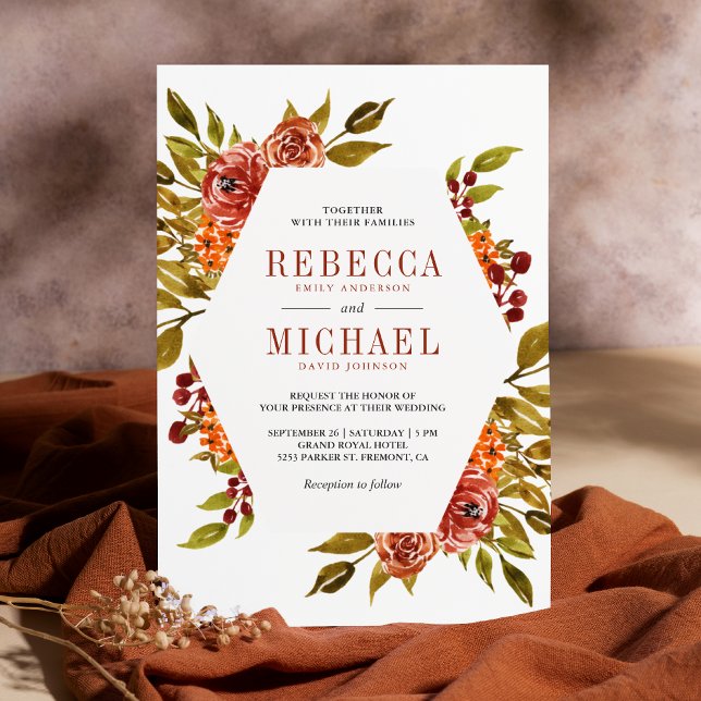Rustic Burnt Orange Floral Autumn Fall Wedding Invitation (Creator Uploaded)