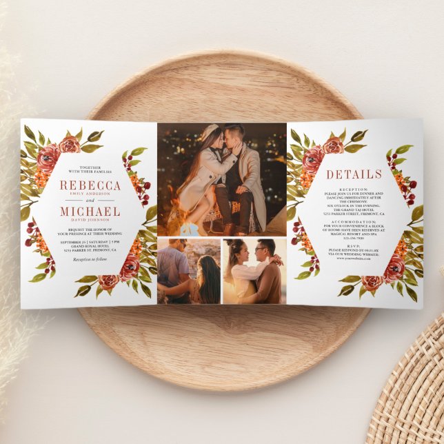Rustic Burnt Orange Floral Photo Collage Wedding Tri-Fold Invitation (Creator Uploaded)