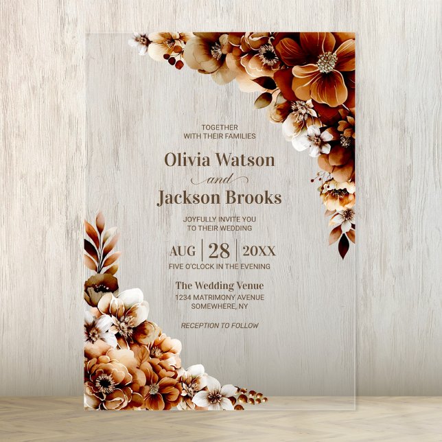 Rustic Burnt Orange Floral Wedding Acrylic Invitations (Creator Uploaded)