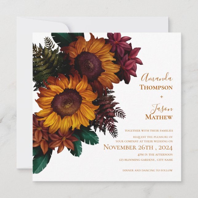 Rustic Burnt Orange Floral Wedding Invitation (Front)