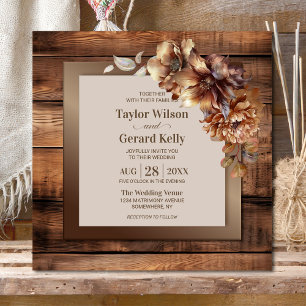 Rustic Burnt Orange Floral Wood Wedding Invitation