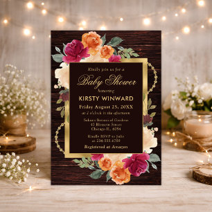 Rustic Burnt Orange Red Fall Flowers Baby Shower Invitation