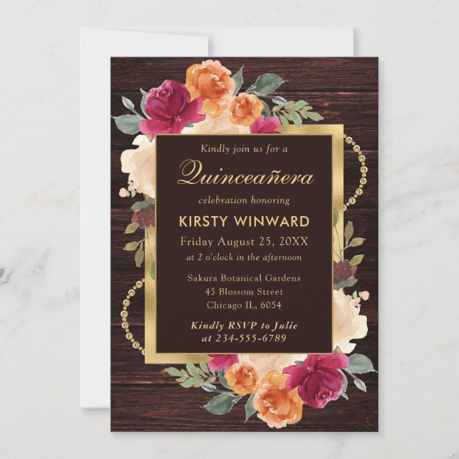 Rustic Burnt Orange Red Fall Flowers Quinceanera Invitation (Front)