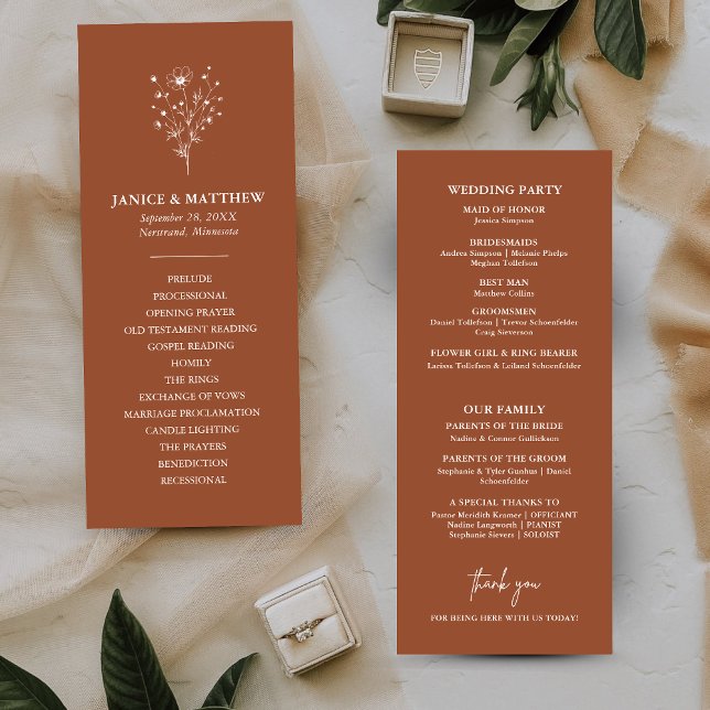 Rustic Burnt Orange Simple Boho Wedding Programme (Créateur téléchargé)