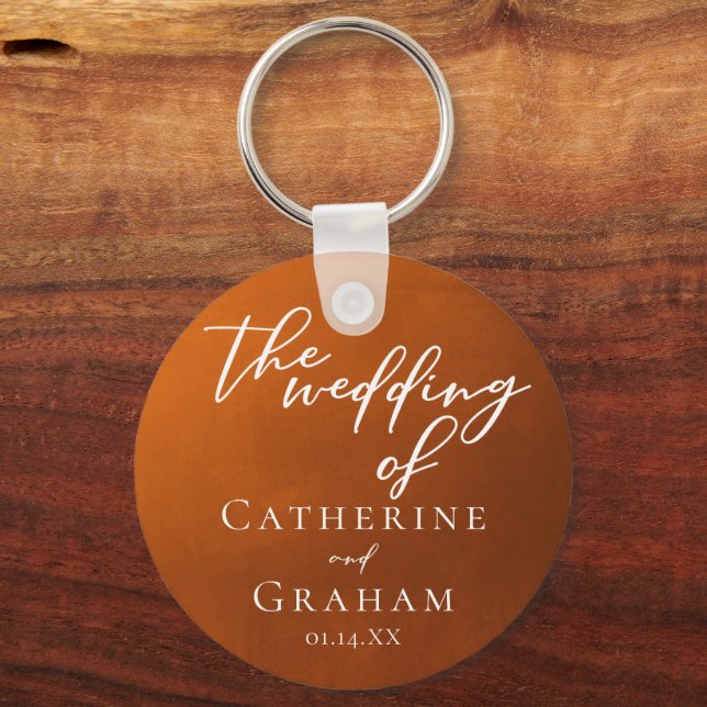 Rustic Burnt Orange Typography Autumn Wedding Keychain (Front)