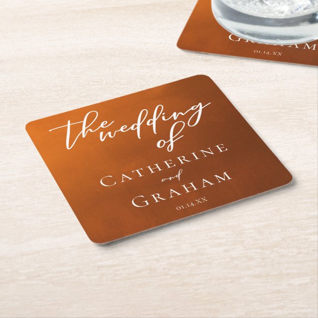 Rustic Burnt Orange Typography Autumn Wedding Square Paper Coaster (Angled)