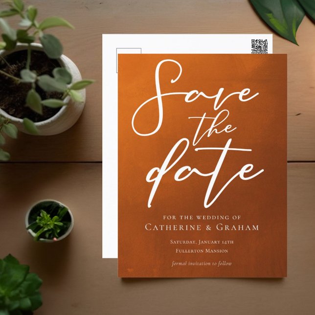 Rustic Burnt Orange Typography Fall Save the Date Postcard (Creator Uploaded)