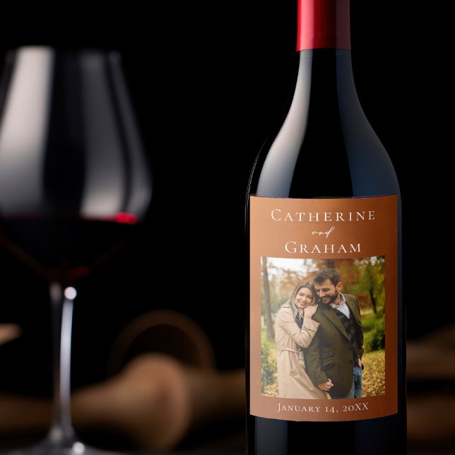Rustic Burnt Orange Wedding Personalized Photo Wine Label (Creator Uploaded)