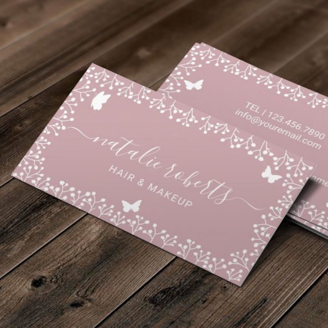 Rustic Butterfly & Flowers Salon & Spa Dusty Pink Business Card (Creator Uploaded)