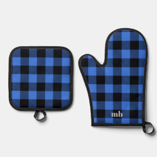 Rustic Cabin Black Blue Buffalo Plaid Pattern  Oven Mitt & Pot Holder Set