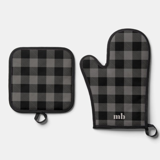 Rustic Cabin Black Grey Buffalo Plaid Pattern  Oven Mitt & Pot Holder Set (Front)