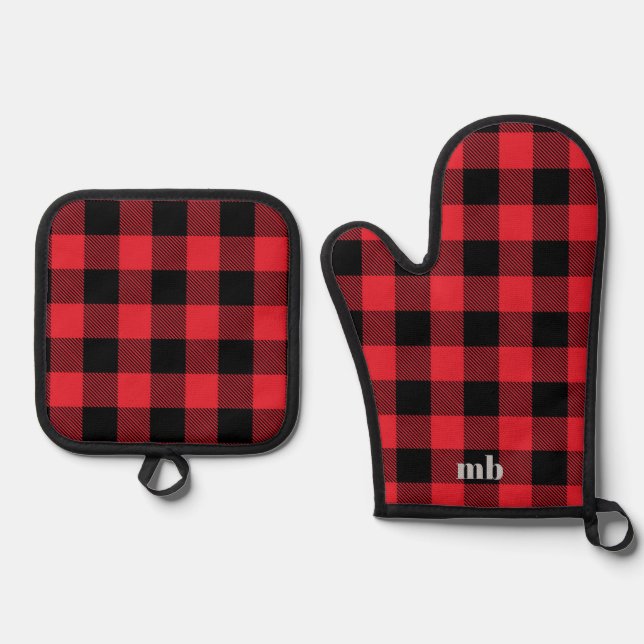 Rustic Cabin Black Red Buffalo Plaid Pattern  Oven Mitt & Pot Holder Set (Front)