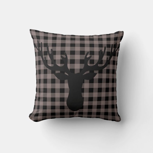 Rustic Cabin Buffalo Plaid Pattern Deer Silhouette Throw Pillow (Front)