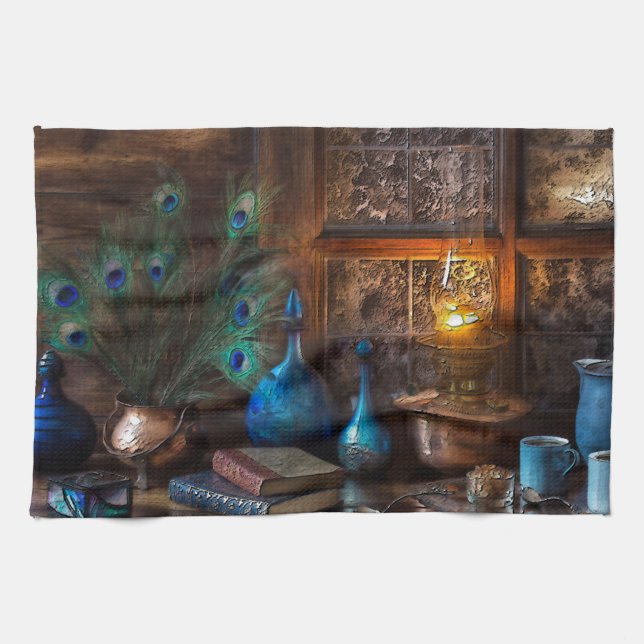 Rustic Cabin by lamplight scene brown blue  Kitchen Towel (Horizontal)