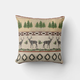 Rustic Cabin Deer Silhouette Pine Tribal Pattern Throw Pillow