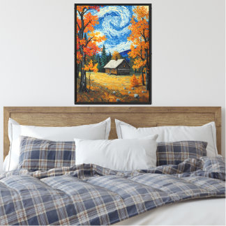 Rustic Cabin Fall Landscape Impressionist Art Canvas Print