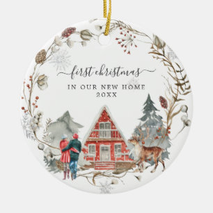 Rustic Cabin First Christmas New Home Ceramic Or Ceramic Ornament