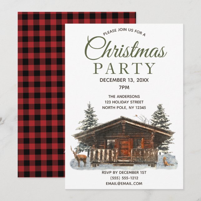 Rustic Cabin Forest Deer Cardinal Christmas Party Invitation (Front/Back)