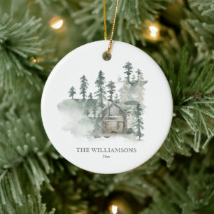 Rustic Cabin Forest Green Personalized Christmas Ceramic Ornament