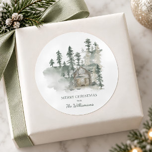 Rustic Cabin Forest Green Personalized Christmas Classic Round Sticker