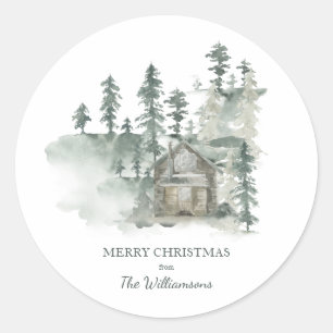Rustic Cabin Forest Green Personalized Christmas Classic Round Sticker