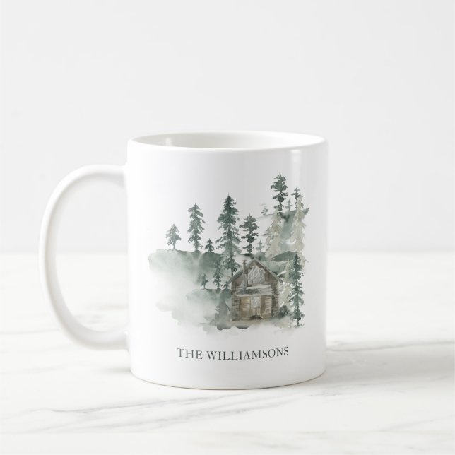 Rustic Cabin Forest Green Personalized Christmas Coffee Mug (Left)