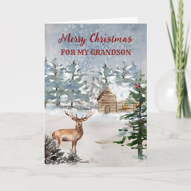 Rustic Cabin in the Woods Grandson Merry Christmas Card (Front)