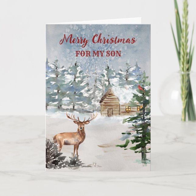 Rustic Cabin in the Woods Son Merry Christmas Card (Front)