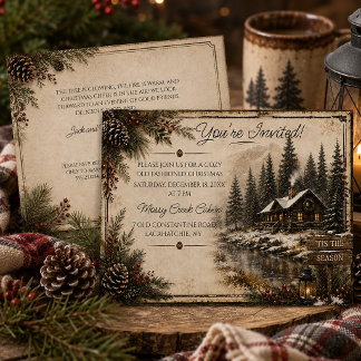 Rustic Cabin Lake Evergreen Trees Christmas Party Holiday Card