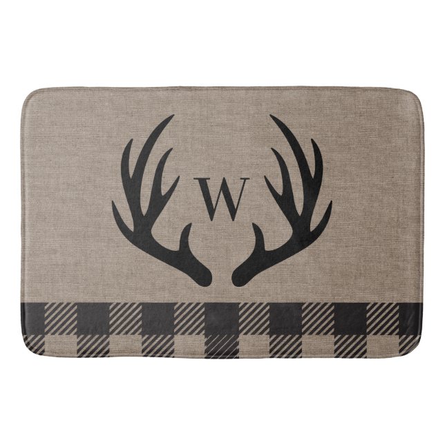 Rustic Cabin Lodge Antlers Monogrammed Bath Mat (Front)