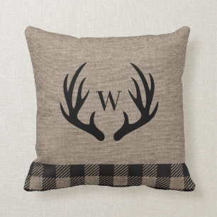 Rustic Cabin Lodge Antlers Monogrammed  Throw Pillow