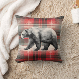 Rustic Cabin Lodge Bear on Red Plaid Throw Pillow