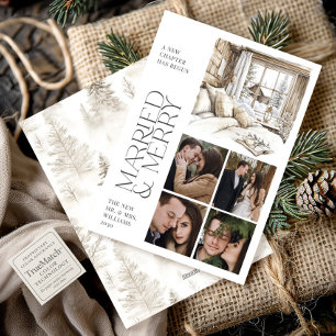 Rustic Cabin Married & Merry Photo Collage Holiday Card