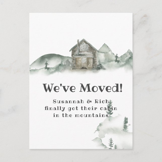 Rustic Cabin Mountains We've Moved | Announcement  Postcard (Front)