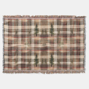 Rustic Cabin Plaid with Pine Trees Throw Blanket