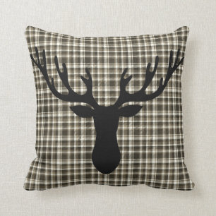 Rustic Cabin Small Plaid Pattern Deer Silhouette Throw Pillow