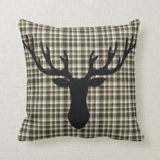Rustic Cabin Small Plaid Pattern Deer Silhouette Throw Pillow