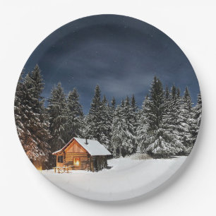 Rustic Cabin Snow Winter Paper Plate