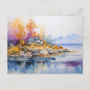 Rustic Cabin Sunset Lake Alcohol Ink Art Postcard