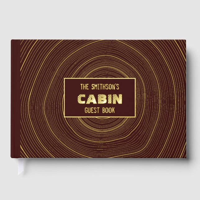Rustic Cabin Vacation Home Rental Gold Tree Rings Guest Book (Front)