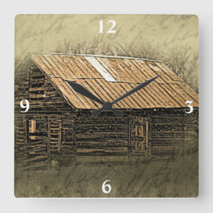 Rustic Cabin Vintage Weathered Postcard Square Wal Wall Clock